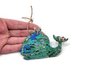 Painted Wooden Whale Gift Tag: Boho Ocean Ornament