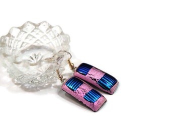 Dichroic Fused Glass Earrings: Sparkle Pink and Blue Boho Jewelry