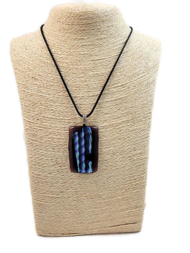 Dark Purple With Blue Green Silver Bubble Dichroic Fused Glass Pendant Necklace, Jewelry, Fashion, Boho Style, Hippie, Large, Birthday Gift image 3