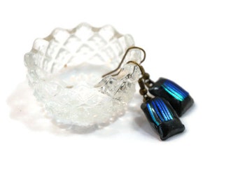 Dichroic Fused Glass Drop Earrings: Gray Blue Boho Dangles