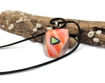 Fused Glass Triangle Pendant Necklace: Orange, Gold Dichroic, Boho Hippie