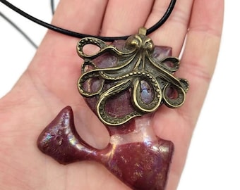 Red Fused Glass Octopus Pendant Necklace: Gothic Steampunk Jewelry