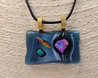 Fused Glass Pendant Necklace, Tide Pool, Ocean, Beach, Dichroic Glass, Blue, Green, Pink, Purple, Water and Waves, Prom, Hippie Wedding, Art