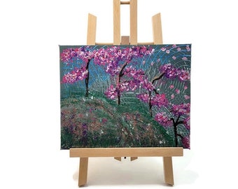 Textured Cherry Blossom Tree Painting: Original Abstract Landscape Art (8x10)