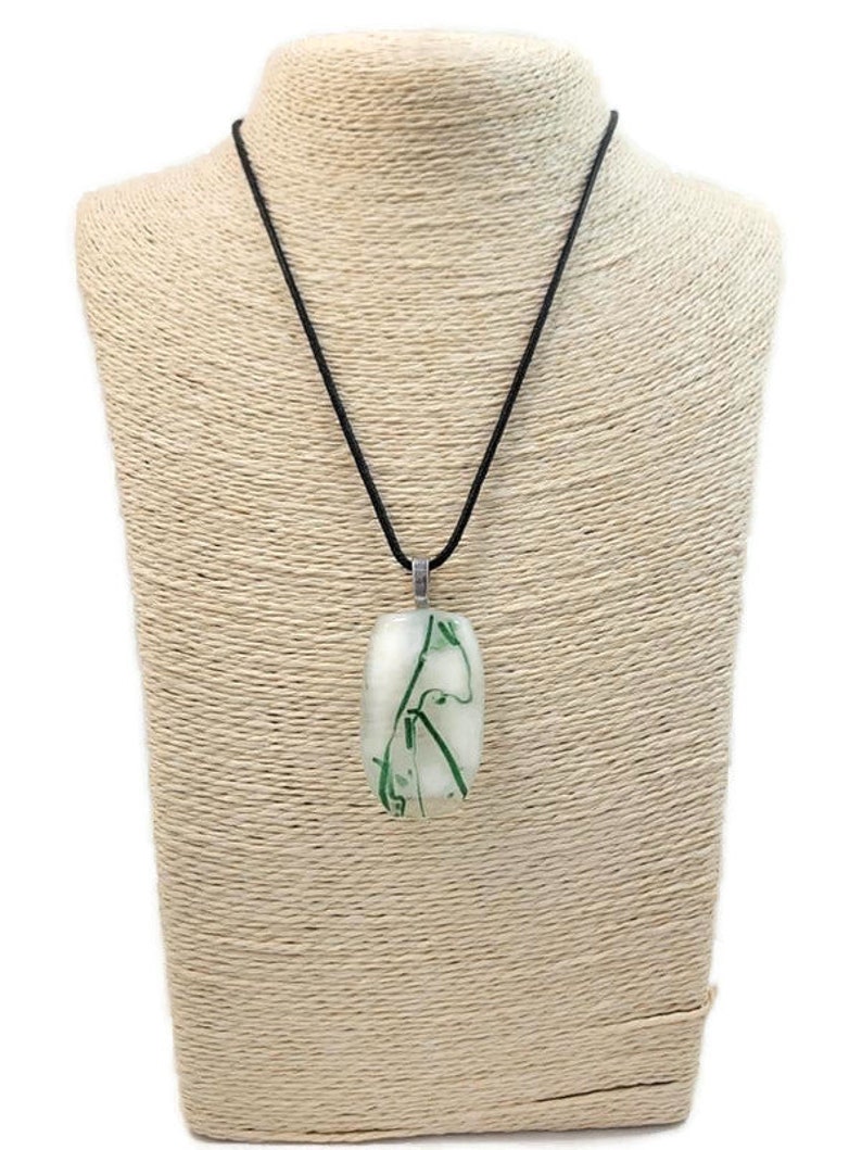 White With Green Vine Lines Fused Glass Pendant Necklace, Jewelry, Nature Lover, Woman's Gift Idea, Saint Patrick's Day, Casual Wear, Spring image 2