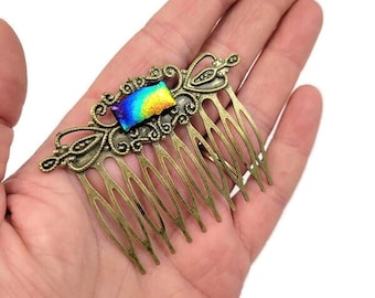 Dichroic Fused Glass Hair Comb: Antiqued Bronze Boho Accessory