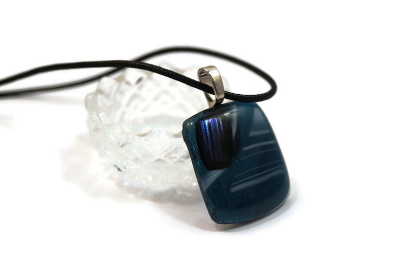 Unisex Blue and White Fused Glass Pendant Necklace Blue Glass Necklace Pendant Hippie Necklace Boho Necklace Dichroic Accent Necklace