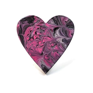Acrylic Fluid Art Pour Painting, Heart Stretched Canvas Original 10&quot;, Valentines Day Wife Girlfriend Gift, Pink Black Gray Purple, Wall Art