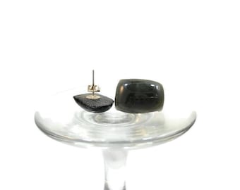 Black Gray Fused Glass Stud Earrings: Boho Gothic Jewelry