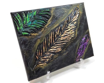 Textured Feather Acrylic Painting with Gold Leaf: Boho Wall Art (8x10)