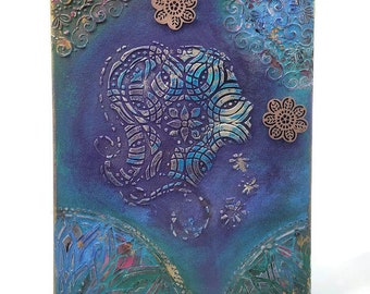 Peinture de texture d’inspiration aztèque Lady Face Princess Mandala, Sirène sous la mer, Décoration intérieure en techniques mixtes, Toile tendue originale 14"x11 »