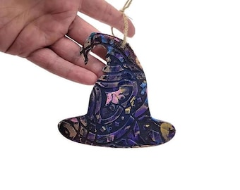 Textured Wooden Witch Hat Ornament, Hand-Painted Halloween Decor