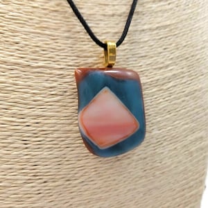 Brown Blue Orange Fused Glass Pendant Necklace, Unisex Gift, Jewelry, Boho, Hippie Fashion, Fall Wear, Birthday, Beachy Vibe, Large, Casual image 1