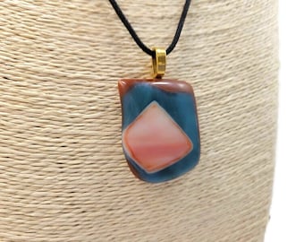 Brown Blue Orange Fused Glass Pendant Necklace, Unisex Gift, Jewelry, Boho, Hippie Fashion, Fall Wear, Birthday, Beachy Vibe, Large, Casual