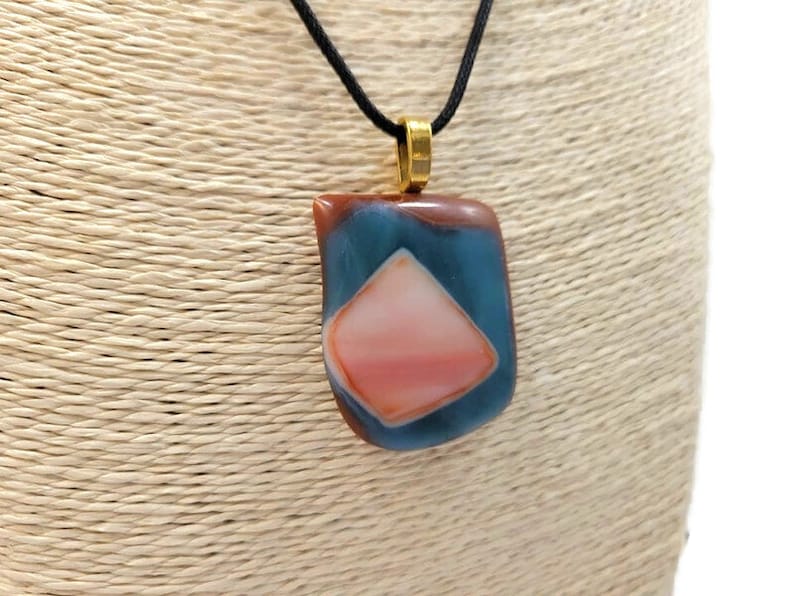 Brown Blue Orange Fused Glass Pendant Necklace, Unisex Gift, Jewelry, Boho, Hippie Fashion, Fall Wear, Birthday, Beachy Vibe, Large, Casual image 1