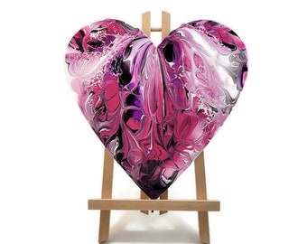 Acrylic Pour Painting: 12" Heart Canvas - Pink, White & Purple
