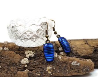 Dichroic Fused Glass Blue Earrings, Dangle, Casual Wear Fashion, Jewelry, Striped, Vibrant Color, Woman's Gift, Boho, Hippie, Wire Back, Art