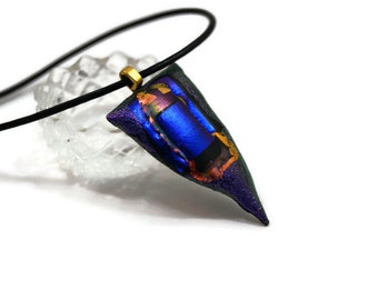 Large Dichroic Fused Glass Pendant Necklace, Purple Blue Pink Orange, Triangle Shape, Dramatic Boho Jewelry, Woman's Gift, Glitter, Prom