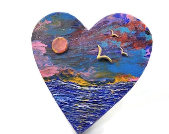 Textured Beach Sunset Painting: Heart Canvas Acrylic Pour Art (12")