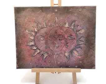 Texture Painting Of The Sun Moon And Stars, Celestial Magical Spiritual Boho Hippie, Wall Art Home Decor, Original Stretched Canvas 14"x11"