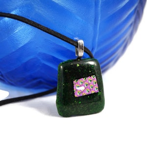 Green Glitter And Pink Dichroic Fused Glass Pendant Necklace, Jewelry, Fashion, Boho, Christmas Necklace, Shimmer, Boho Hippie, Woman's Gift image 3