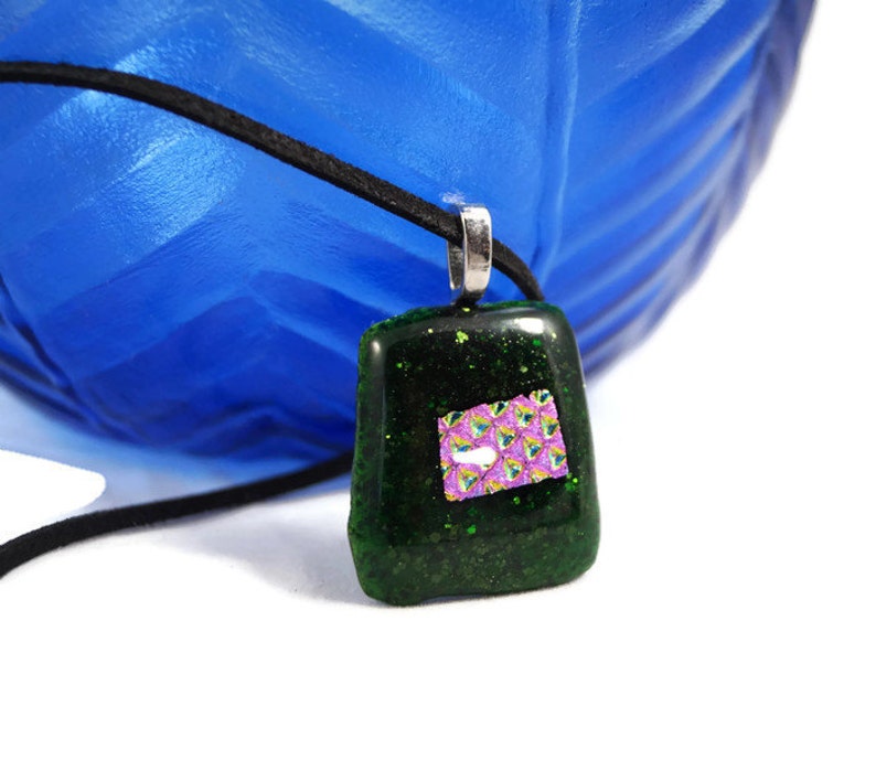 Green Glitter And Pink Dichroic Fused Glass Pendant Necklace, Jewelry, Fashion, Boho, Christmas Necklace, Shimmer, Boho Hippie, Woman's Gift image 3