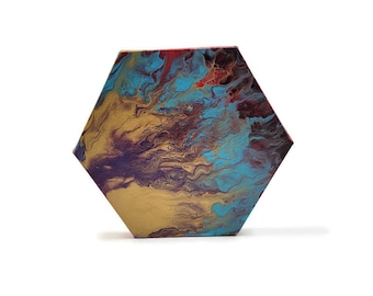 Acrylic Fluid Art: 8" Hexagon Abstract Painting, Gold Purple Blue