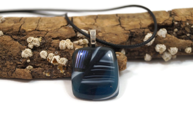 Unisex Blue and White Fused Glass Pendant Necklace Blue Glass Necklace Pendant Hippie Necklace Boho Necklace Dichroic Accent Necklace