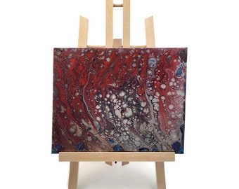Original Acrylic Pour Art Painting: Red, Blue, Silver, Gold (8x10)