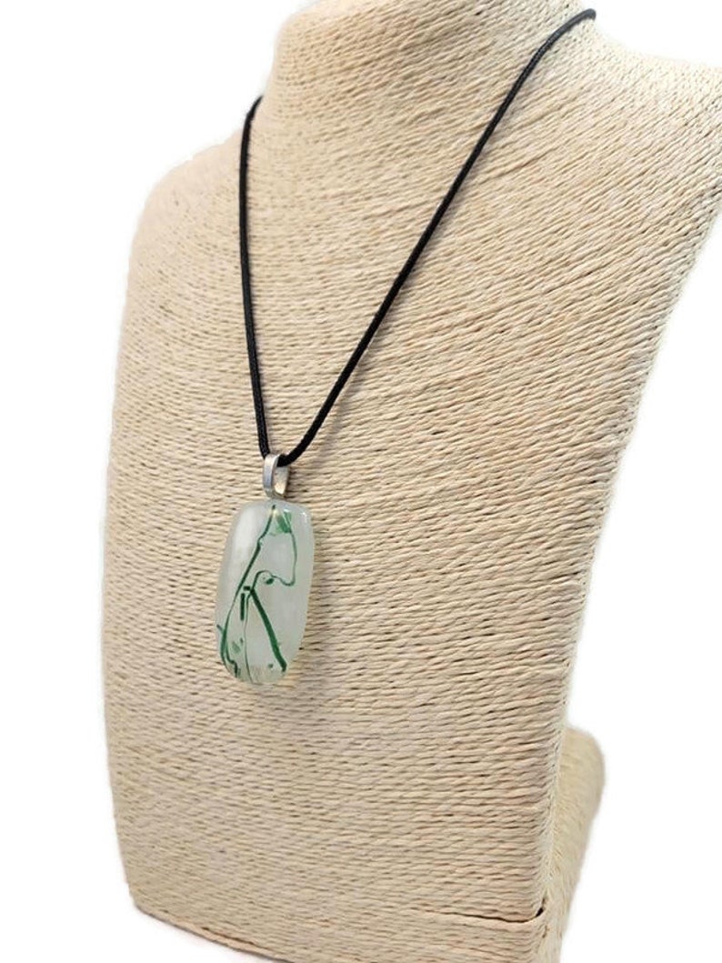 White With Green Vine Lines Fused Glass Pendant Necklace, Jewelry, Nature Lover, Woman's Gift Idea, Saint Patrick's Day, Casual Wear, Spring image 4