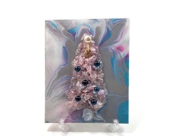 Pink Glass Christmas Tree Resin Art: Vintage Jewelry Canvas Decor