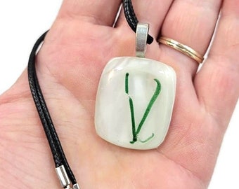 Fused Glass Pendant Necklace, Jewelry, White and Green, Letter V, Unisex, Boho, Hippie Vibe, Birthday Gift Idea, Casual Wear, Simple, Shiny