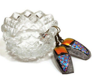 Boucles d’oreilles en verre fusionné, géométrique, rectangle carré et triangle, rose orange clair, boucles d’oreilles tombantes, boucles d’oreilles pendantes, dos en fil, bal, hippie