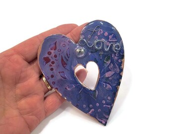 Textured Heart Magnet with Wire Love Word, Resin Art Heart, Handmade Romantic Decor