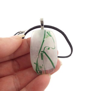 White With Green Vine Lines Fused Glass Pendant Necklace, Jewelry, Nature Lover, Woman's Gift Idea, Saint Patrick's Day, Casual Wear, Spring image 3