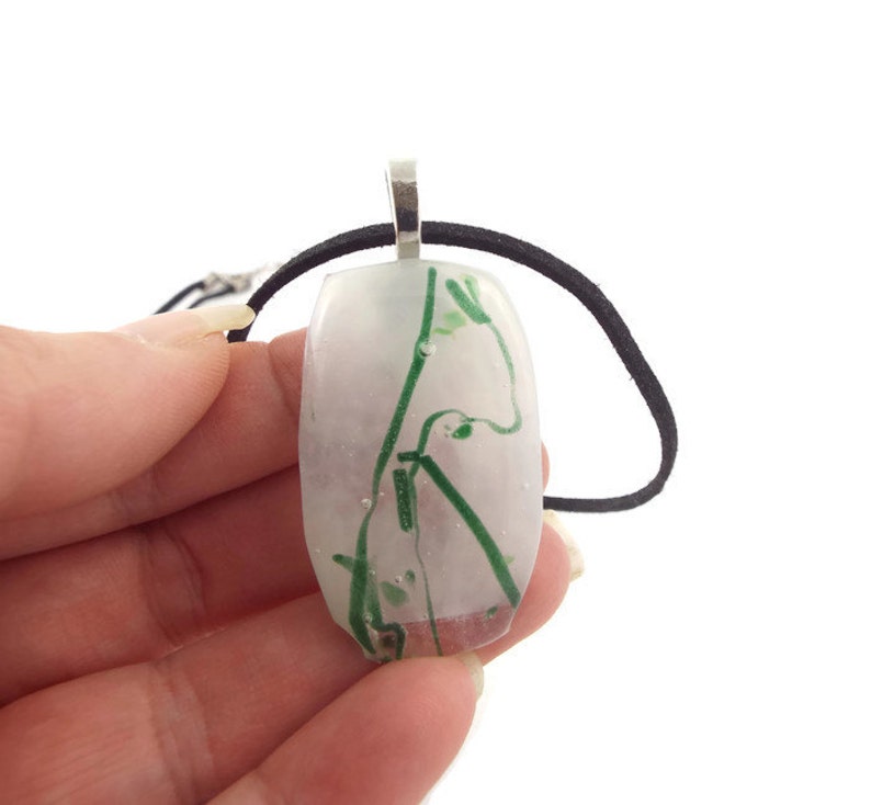 White With Green Vine Lines Fused Glass Pendant Necklace, Jewelry, Nature Lover, Woman's Gift Idea, Saint Patrick's Day, Casual Wear, Spring image 3