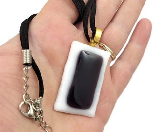 White And Purple Fused Glass Pendant Necklace, Jewelry, Rectangle Within A Rectangle Shape, Boho, Hippie, Birthday Gift Idea, Casual Wear