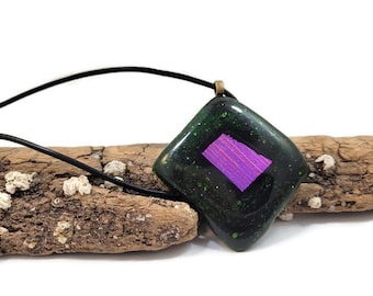 Dichroic Fused Glass Pendant Necklace: Green, Pink, Glitter Sparkle