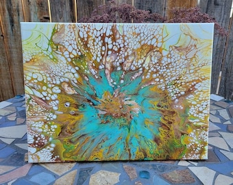 Fluid Acrylic Sunflower Painting: Turquoise, Gold Abstract Art (16"x12")
