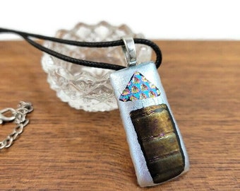 Fused Glass Pendant Necklace, Jewelry, Dichroic Art, Colorful Fashion, Little House, Blue Pink White Silver House, The Rain Is Falling, Home