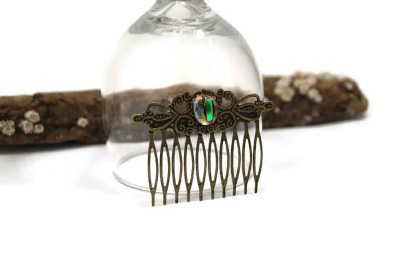 Fused Glass Hair Comb, Hair Accessories, Wedding Comb, Bronze Tone