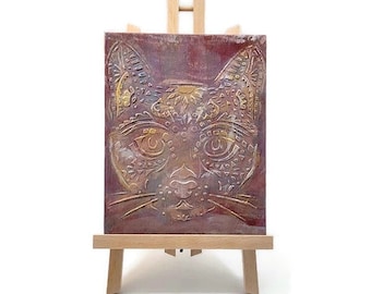 Textured Egyptian Cat Painting: Boho Metallic Wall Art (8x10)
