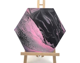 Original Hexagon Acrylic Pour Painting: Pink, Black, & Gray Abstract Art