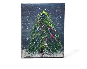 Acrylique Hiver Neige Couvert Arbre Dans La Forêt Peinture Tendue Toile Originale 8x10 Art Abstrait, Cadeau Décoration, Noël Tenture Murale