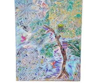 Textured Forest Mandala Painting: Wooden Owls, Boho Wall Art (16x20)