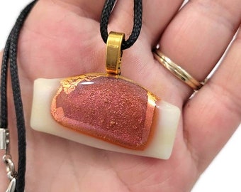 Cream And Sparkle Orange Fused Glass Pendant Necklace, White And Peach, Boho, Hippie, Fall Colors, Birthday Gift, Woman's Jewelry, Glitter