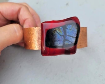 Cuff, Bracelet, Hand Hammered Adjustable Copper Band, Red, Brown, Black, Grey, Dichroic, Fused Glass, Large, Bohemian, Hippie, Art Jewelry