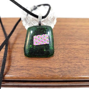 Green Glitter And Pink Dichroic Fused Glass Pendant Necklace, Jewelry, Fashion, Boho, Christmas Necklace, Shimmer, Boho Hippie, Woman's Gift image 2