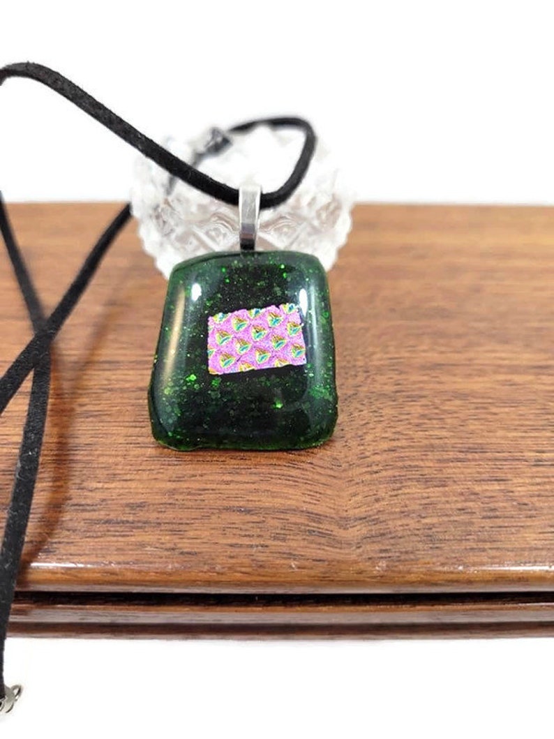 Green Glitter And Pink Dichroic Fused Glass Pendant Necklace, Jewelry, Fashion, Boho, Christmas Necklace, Shimmer, Boho Hippie, Woman's Gift image 2