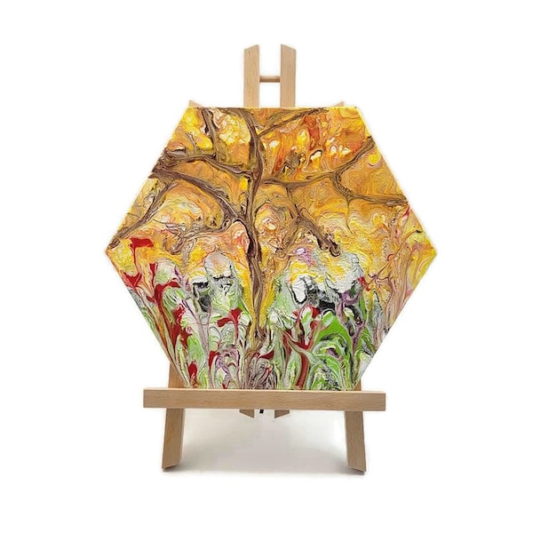 Acrylic Fluid Art Pour Painting, Hexagon Stretched Canvas Original 12", Abstract Art, Autumn Forest, Nature, Home Decor, Yellow Green Red